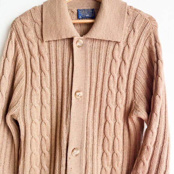 Pendleton Vintage Camel Beige Cableknkit Cardigan Sweater Virgin Wool M - Picture 3 of 8
